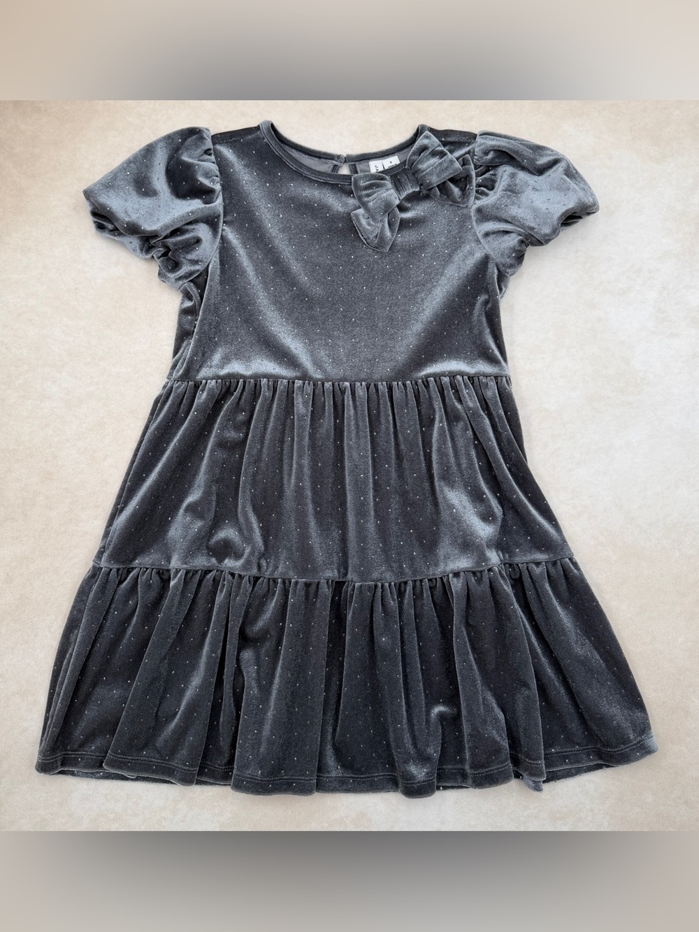 Janie and Jack Gray Silver Dot Velour Dress with Bow Accent